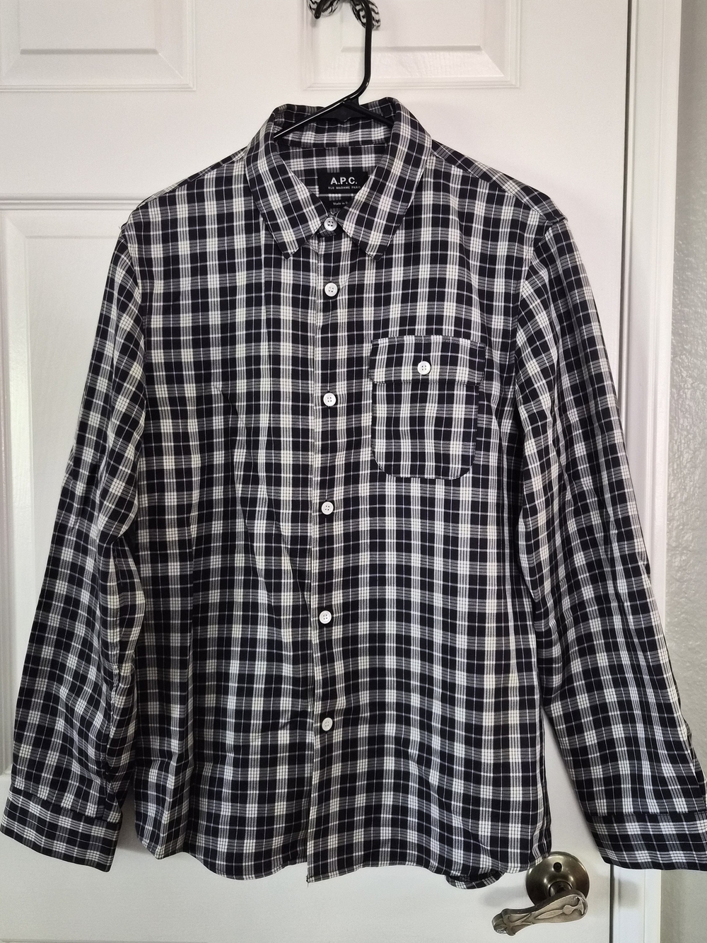 A.P.C. Men’s Blue and White Plaid Long-Sleeve Button-Down Shirt
